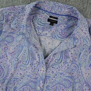 Talbots Shirt Womens 14 Blue Purple Paisley Button Up Non Iron Short Sleeve Top